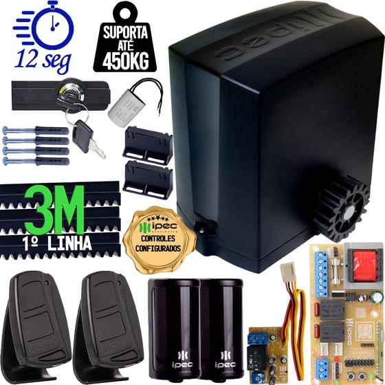 Imagem de Motor Portão Correr Automatizador 1/4 CV Deslizante DZ 450kg 300W 127V Base Fixação Cremalheira 3M Luz Garagem Sensor Barreira Idealle Ipec