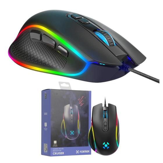 Imagem de Mouse Fortrek Cruiser New Edition Gamer Com Led Rgb Rainbow  12000 DPI Cabo 1,8m Têxtil 7 Botões Macro Desing Ergonômico