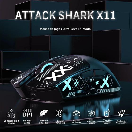 Mouse gamer Attack Shark X11 preto com especificações técnicas e ícones de recursos