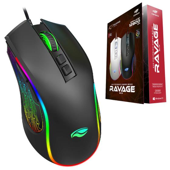 Imagem de Mouse Gamer USB Ravage RGB 12.800Dpi MG-720BK Preto C3Tech