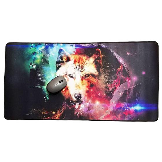 Imagem de Mouse Pad Gamer Extra Grande 700x350x3mm com Base Antiderrapante e Bordas Costuradas Modelo Lobo Exbom MP-7035C