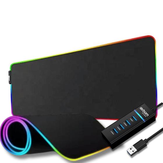 Imagem de Mouse PAD Grande Emborrachado antiderrapante LED RGB e HUB Ultra Rápido 3.0