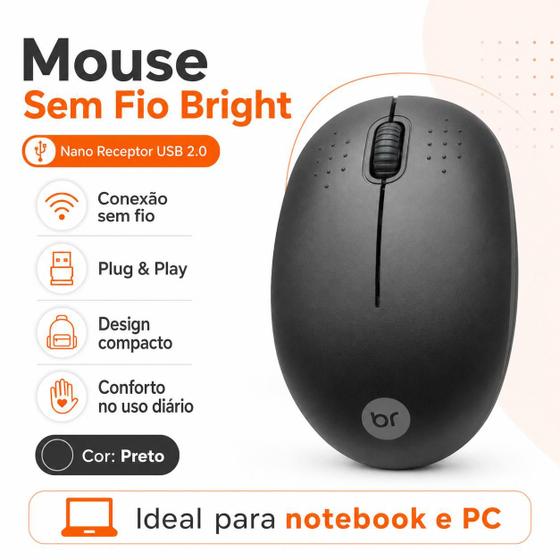 Mouse Sem Fio Bright 0404 Preto 2.4GHz USB 2.0 Nano Receptor Ergonômico 1200 DPI Notebook PC