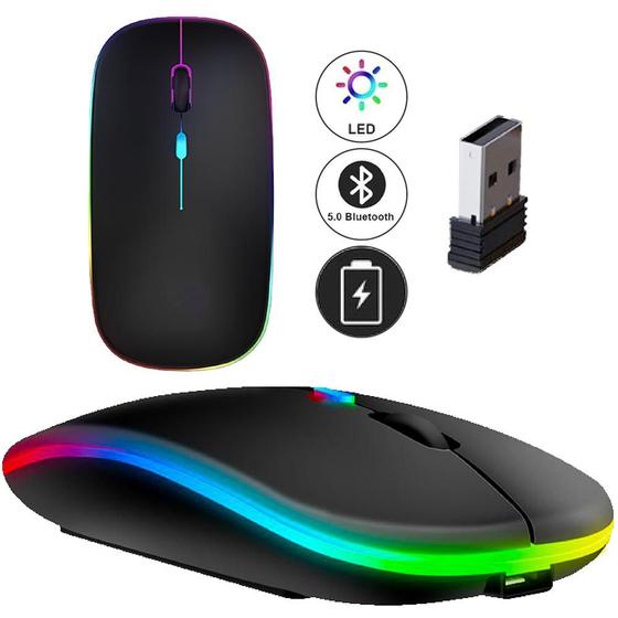 Imagem de Mouse Sem Fio Recarregável Wireless Optico Led Rgb Ergonômico Com Bateria Longa Duração Notebook Computador