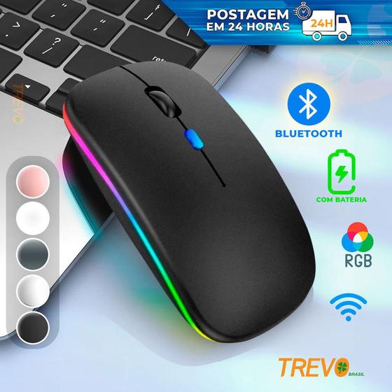 Imagem de Mouse Sem Fio Wireless Recarregavel Led Rgb 2,4GHz Bluetooth Bateria Interna  Ergonômico Silencioso