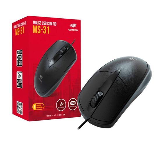 Mouse USB com Fio 3 botões MS-31 C3T Preto NF 1 ano garantia - C3tech Menor preço em Mouse USB com Fio 3 botões MS-31 C3T Preto NF 1 ano garantia - C3tech