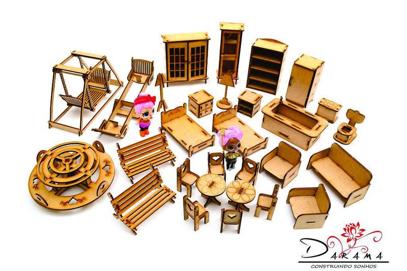 Imagem de Moveis mini bonecas com 29 peças mdf natural - darama