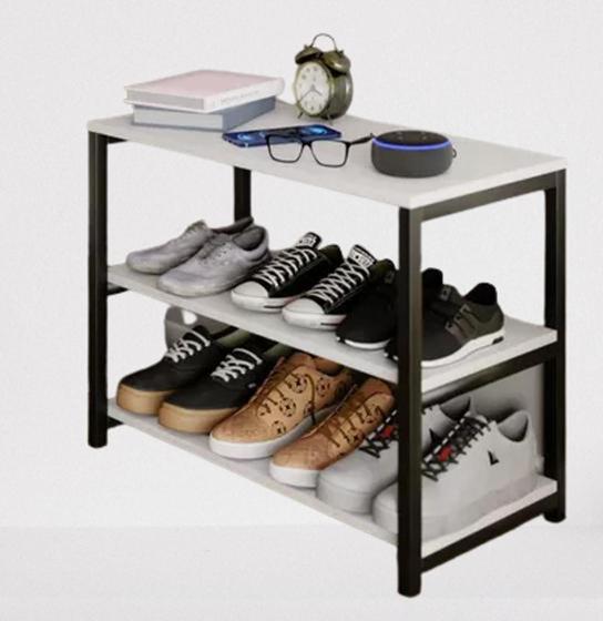 Imagem de Móvel Organizador de Sapatos com Suporte para Celular em Estilo Industrial e Prateleiras Brancas