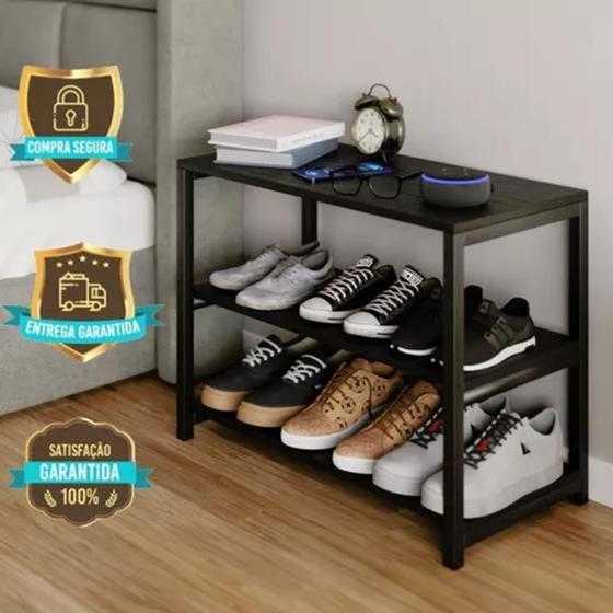 Imagem de Móvel para Sapatos com Suporte para Calçados e Celular em Estilo Industrial em MDF Preto