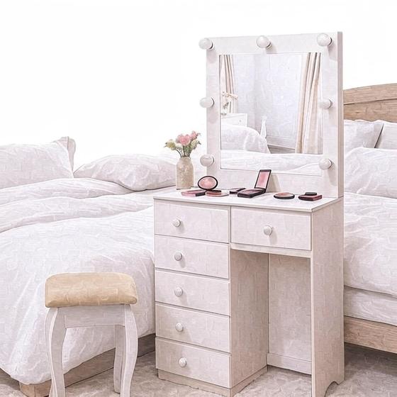 Imagem de Móvel Penteadeira Camarim MDF Branco Compacto - Com Banco e Espelho
