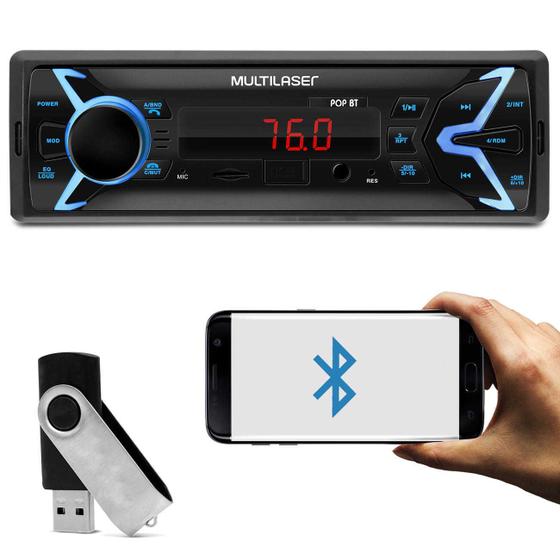 Imagem de MP3 Player Automotivo Multilaser Pop BT P3336 1 Din Bluetooth LED USB SD AUX P2 FM + Pen Drive 8GB