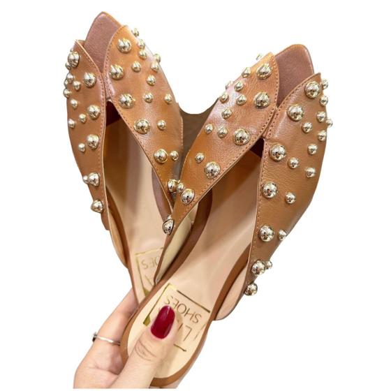 Mule Rasteira Feminina Couro Legítimo Caramelo Aplicações Menor preço em Mule Rasteira Feminina Couro Legítimo Caramelo Aplicações