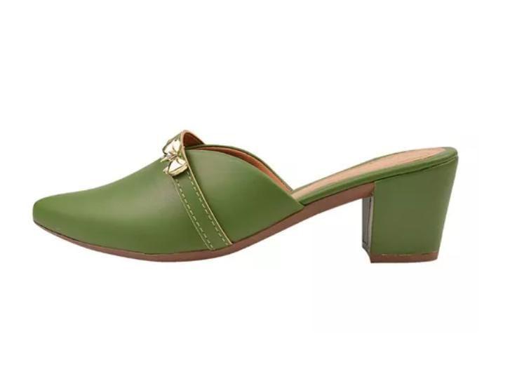 Imagem de Mule Scarpin Verde Salto Alto Grosso Lacinho Sapato Bico Fino Casual Festa