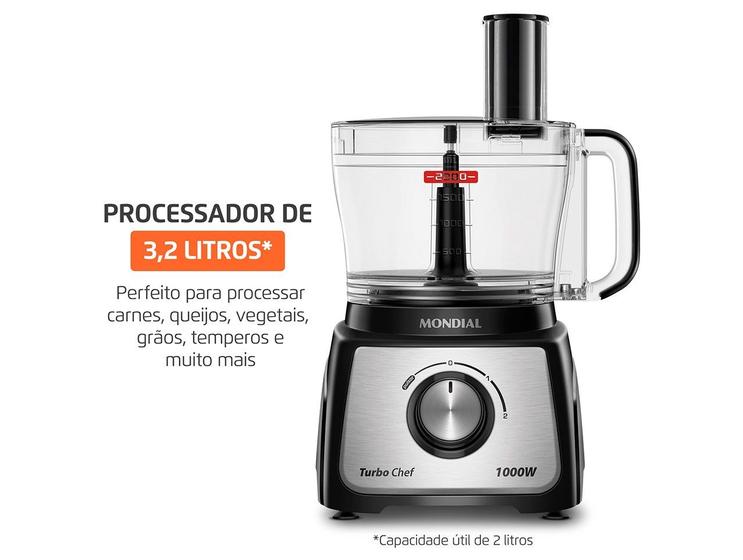 Close no processador de alimentos Mondial Turbo Chef enfatizando a capacidade de 3,2 litros para ingredientes variados