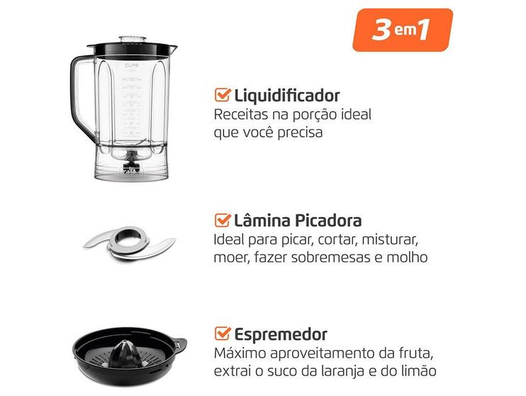 Infográfico do Multiprocessador Mondial Turbo Chef destacando as funções de liquidificador, lâmina picadora e espremedor