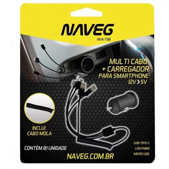 Imagem de Multicabo e Carregador Veicular para Carro Automotivo Converte 12V para 5V Prático e Multiuso Celular Naveg - NVA730
