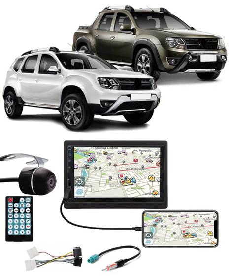 Imagem de Multimídia Renault Duster e Oroch Expression Espelhamento Bluetooth USB SD Card + Moldura + Câmera Borboleta + Chicote + Adaptador de Antena