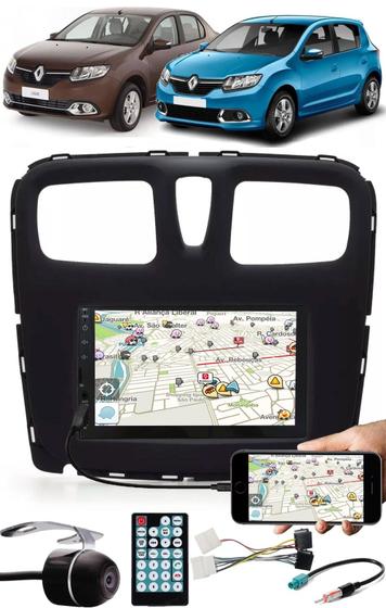 Imagem de Multimídia Renault Logan Sandero 2015 à 2020 Espelhamento Bluetooth USB SD Card + Moldura + Chicotes + Câmera Ré