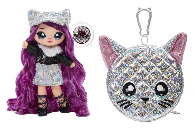 Imagem de Na Na Na Surprise Glam Series Chrissy Diamond Fashion Doll &amp Metallic Cat Purse, Purple Hair, Cute Kitty Ear Hat Outfit &amp Accessories, 2-in-1 Gift for Kids, Toy for Girls &amp Boys Ages 5 6 7 8 Years