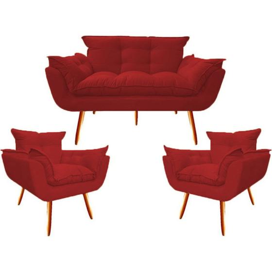 Imagem de Namoradeira + 2 Poltronas Decorativa Opalla Sala de Estar Consultorio Clinica Suede Vermelho - Decor Elity