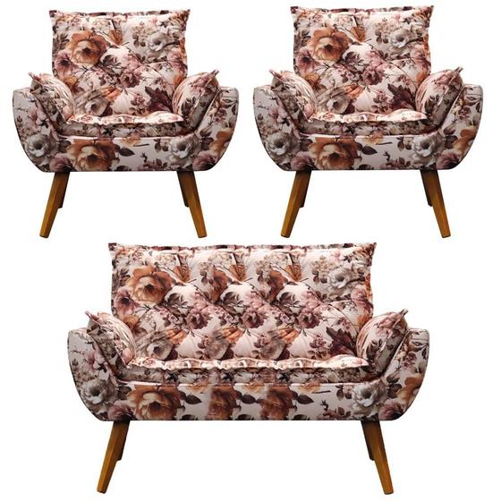 Imagem de Namoradeira com 2 Poltronas Opala Estampado Exclusivo Floral Kasa Sofá