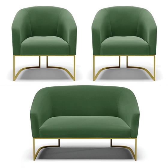 Imagem de Namoradeira e 2 Poltronas Industrial Dourado Stella Suede Verde D03 - D'Rossi