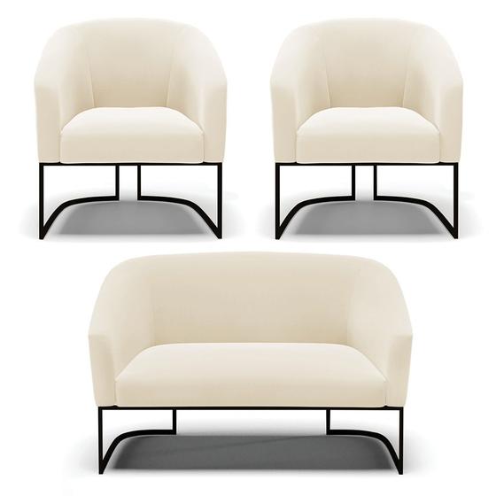 Imagem de Namoradeira e 2 Poltronas Industrial Preto Stella Suede Bege D03 - D'Rossi