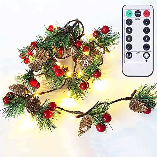 Imagem de Natal Luzes de guirlanda com controle remoto e temporizador 6.56FT Pine Cone Lights com Red Berry 20 LED Battery Operated Garland String Lights 6 Brightness Pinecones Decor Lights for Thanksgiving Christmas Holiday