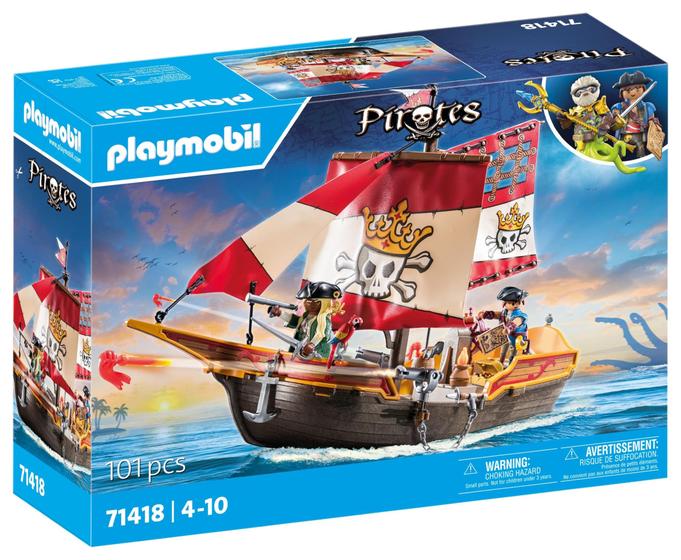 Imagem de Navio pirata Playmobil 71418 com 2 bonecos e 98 acessórios