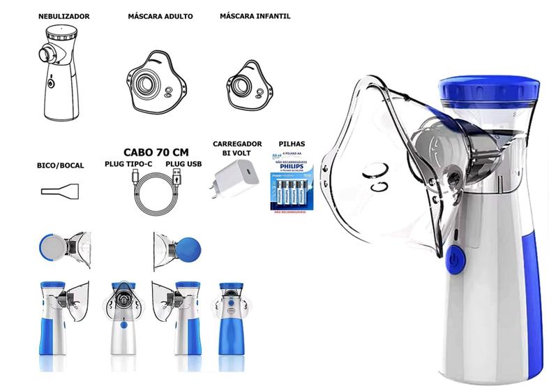 Imagem de Nebulizador Inalador Portátil de mão Sem Fio Com 4 Pilhas philips Alcalinas Com Fonte bivolt de 20ML