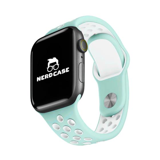 Imagem de  NERDCASE, Pulseira NK com Furos Respirável, Silicone, Compatível com Apple Watch Series 1-9, 38mm/40mm/41mm, Verde Água/Branco