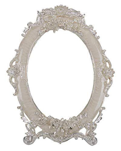 Imagem de Nerien Decorativo Espelho de Vestir de Mesa Único Metal Bancada Vaidade Maquiagem Espelho Rosa em Relevo Oval Antigo com Suporte para Casa, Quarto, Cômodas, Sala de Estar, Banheiro Branco
