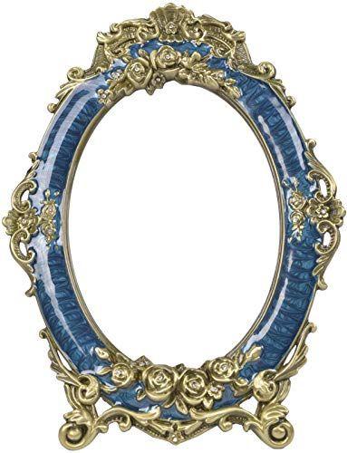 Imagem de Nerien Decorativo Vintage Espelho de Mesa Retro Metal Bancada Vaidade Maquiagem Espelho Rosa Estampado Espelho Oval Antigo com Suporte para Casa, Quarto, Cômodas, Sala de Estar, Banheiro Azul