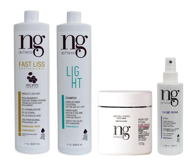 Imagem de Ng De France Fast Liss Realinhamento Vegano + Spray Thermo Protetor Térmico + Shampoo Light Cabeos Finos e Oleosos + Máscara Intense