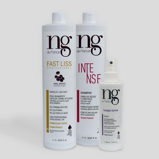 Imagem de Ng De France Kit Fast Liss Realinhamento Vegano 1000ml + Spray Thermo Protetor Térmico 200ml + Shampoo Hidrante Intense 1000ml