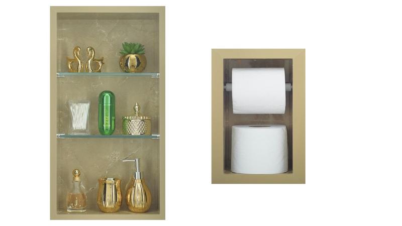 Imagem de Nicho Em Porcelanato Com Prateleira De Vidro E Porta Papel Higiênico - kit com 2 Peças (Breccia)