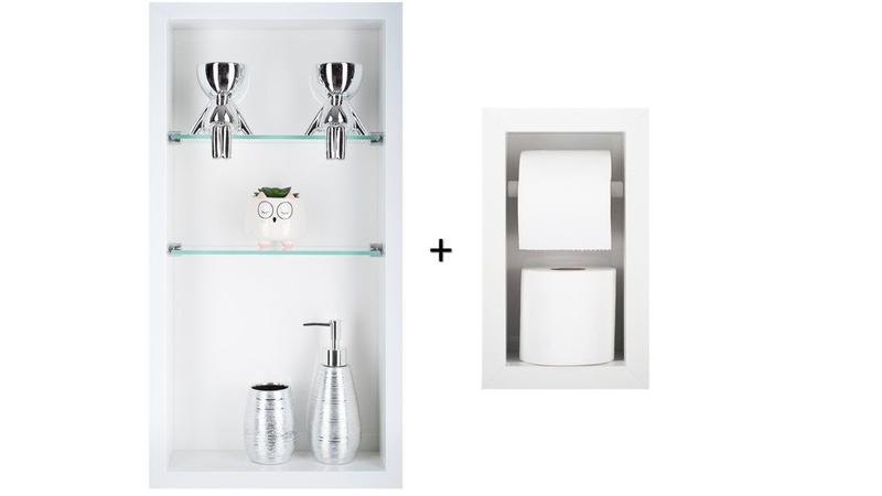 Imagem de Nicho Em Porcelanato Com Prateleira De Vidro Para Banheiro E Porta Papel Higiênico - Kit com 2 Peças   (Branco)