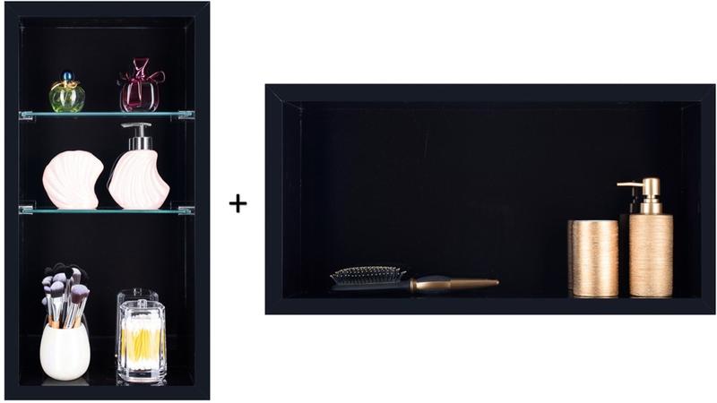 Imagem de Nicho Em Porcelanato Para Banheiro E Nicho com Prateleira De Vidro - Kit 2 Peças (Preto Absoluto)