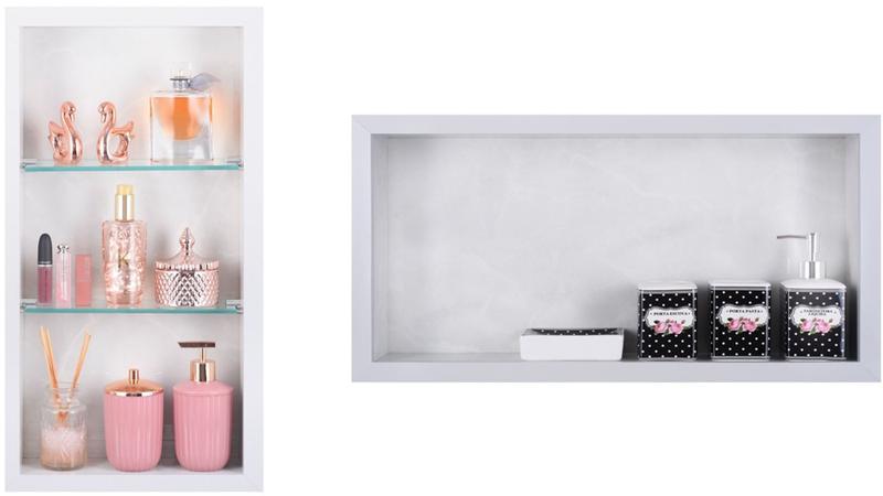 Imagem de Nicho Em Porcelanato Para Banheiro E Nicho com Prateleira De Vidro - Kit com 2 Peças (Carrara)