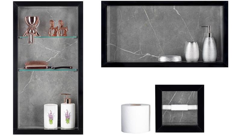 Imagem de Nicho Em Porcelanato Para Banheiro - kit com 3 peças  (Cinza/Preto)