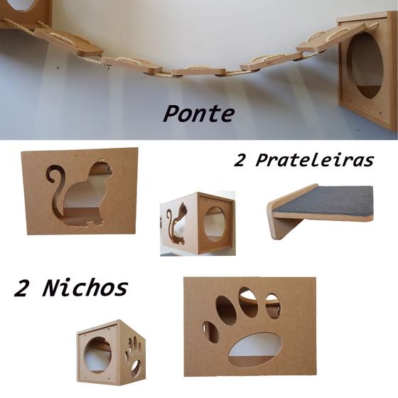 Imagem de Nicho Gato - Kit 5 Peças = 2 Nichos + 2 Prateleiras+ Ponte Para Gatos - Nicho para Gato Pet Mdf 15mm