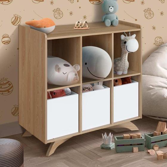 Imagem de Nicho Organizador Infantil Com 6 Nichos Aveiro Oak Com 3 Cubos Brancos Olma Shop Jm