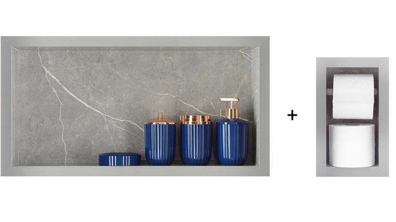 Nicho Para Banheiro Em Porcelanato Polido Porta Shampoo Sabonete e Porta Papel Higiênico (Cinza 50) Menor preço em Nicho Para Banheiro Em Porcelanato Polido Porta Shampoo Sabonete e Porta Papel Higiênico (Cinza 50)