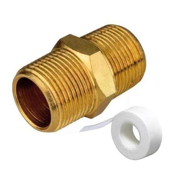 Imagem de Niple Duplo Conexão Latão 1/2 Npt Instalação Gás + fita veda