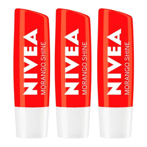 Imagem de NIVEA Kit com 3 Unidades  Hidratante Labial Morango Shine 4,8g