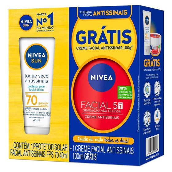 Imagem de NIVEA Kit  Protetor Solar Facial Antissinais Toque Seco FPS70 40ml + Creme Facial Antissinais 100g