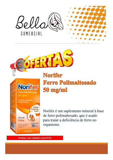 Imagem de Norifer Gotas 30ml  Ferro Polimaltosado 50 mg/ml   Sabor Doce de Leite