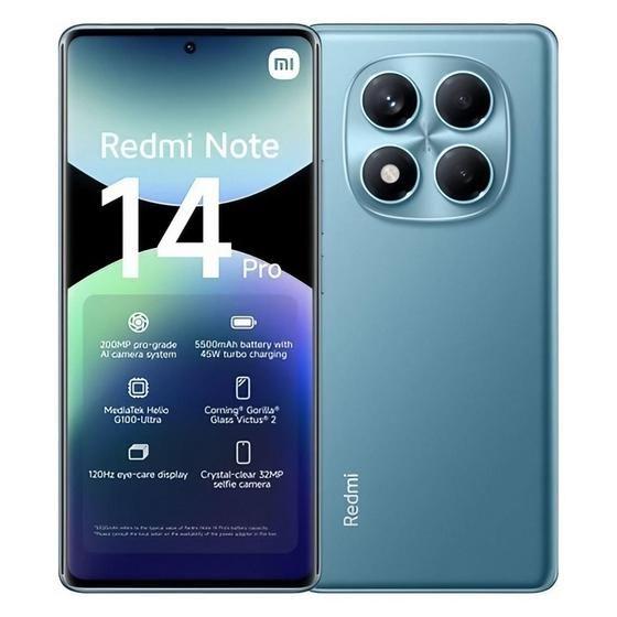 Imagem de Note 14 Pro 256GB, 8GB RAM, 4G,  Xiaomi, Câmera 200MP  8MP  2MP, Carregamento Turbo 45W, Tela AMOLED 6,67” FHD, Azul Lançamento 2025