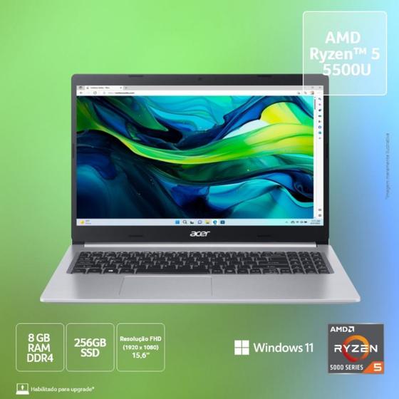 Imagem de Notebook Acer A515-45-R5AT AMD Ryzen 5 5500U 8GB SSD 256GB 15,6 FHD Windows 11 Home Bivolt