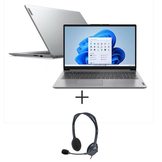 Imagem de Notebook Lenovo IdeaPad 1i Ci3 8GB/256GB SSD, 15,6" 82VY000SBR + Fone de Ouvido Logitech H111 Headset Cinza